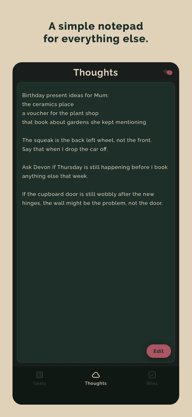 Ta-da's Thoughts page, under the caption: A simple notepad for everything else.