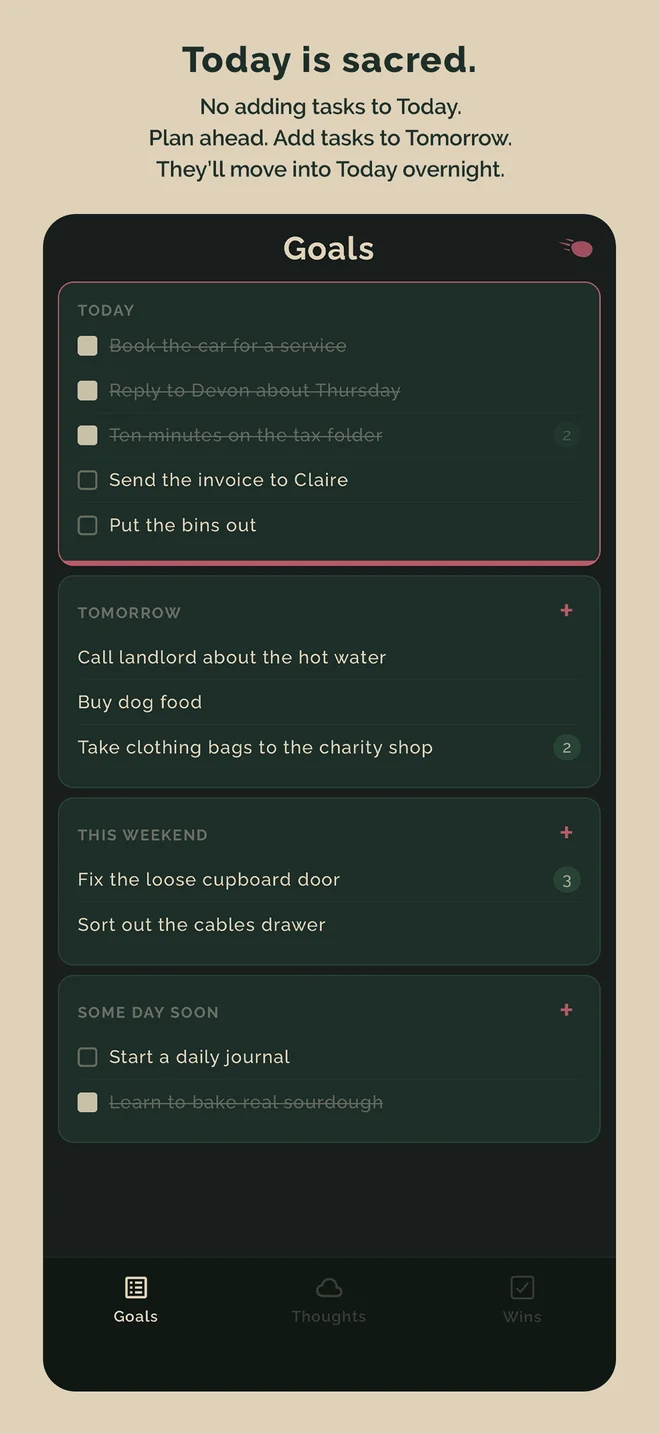Ta-da's Goals page, under the caption: Today is sacred. No adding tasks to Today. Plan ahead. Add tasks to Tomorrow. They'll move into Today overnight.
